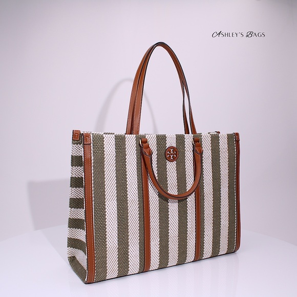 Tory Burch Blake Jumbo Striped Tote In Grove Green - Picture 2 of 8